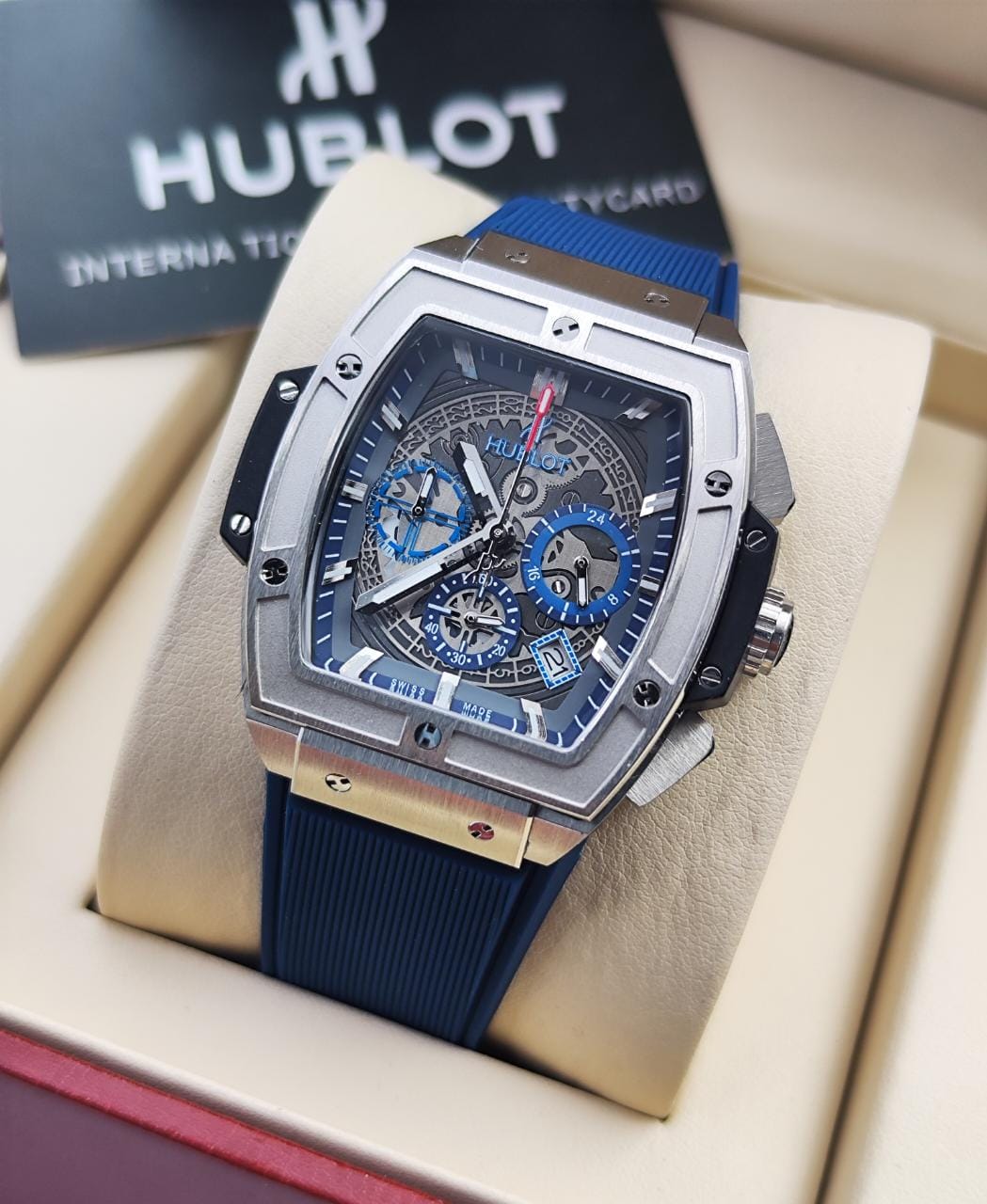 Genève Originale Pour Homme - Bracelet en Cuir bleu et Argent DIA00169